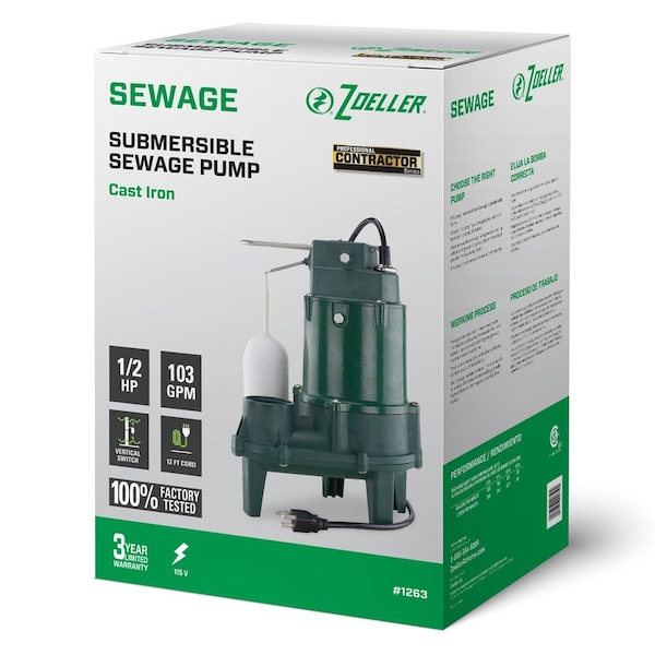 Zoeller SUB SEWAGE PUMP 1/2HP CI 12630001 Zoro